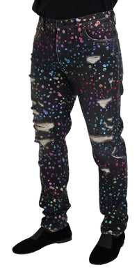 Thumbnail for Black Multicolor Print Tattered Denim Jeans