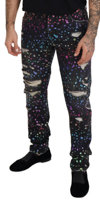 Thumbnail for Black Multicolor Print Tattered Denim Jeans