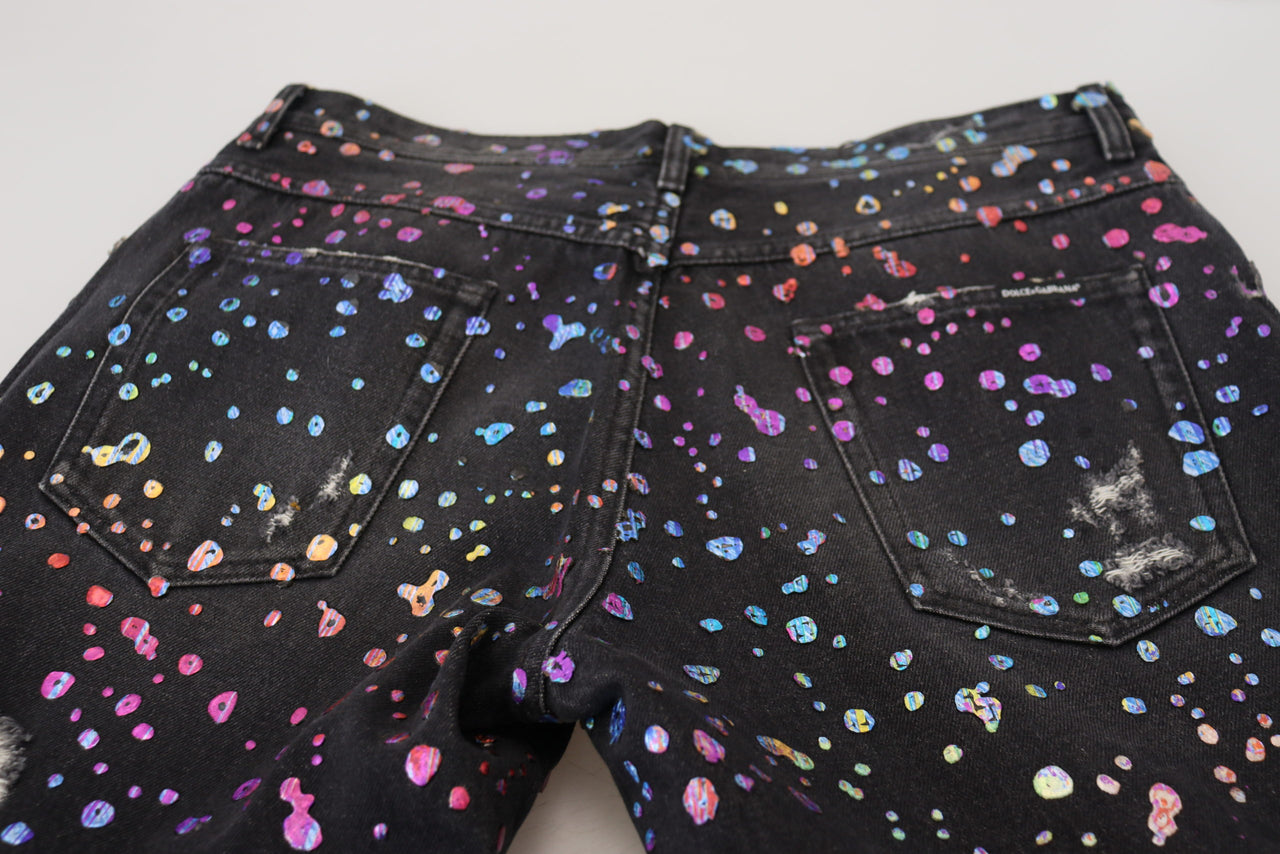 Black Multicolor Print Tattered Denim Jeans