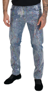 Thumbnail for Blue Cotton Color Splash Print Denim Jeans