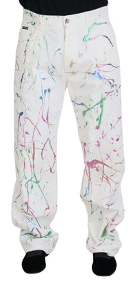 Thumbnail for White Cotton Color Splash Print Denim Pants