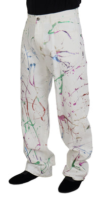 Thumbnail for White Cotton Color Splash Print Denim Pants