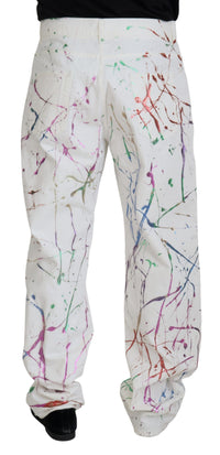 Thumbnail for White Cotton Color Splash Print Denim Pants