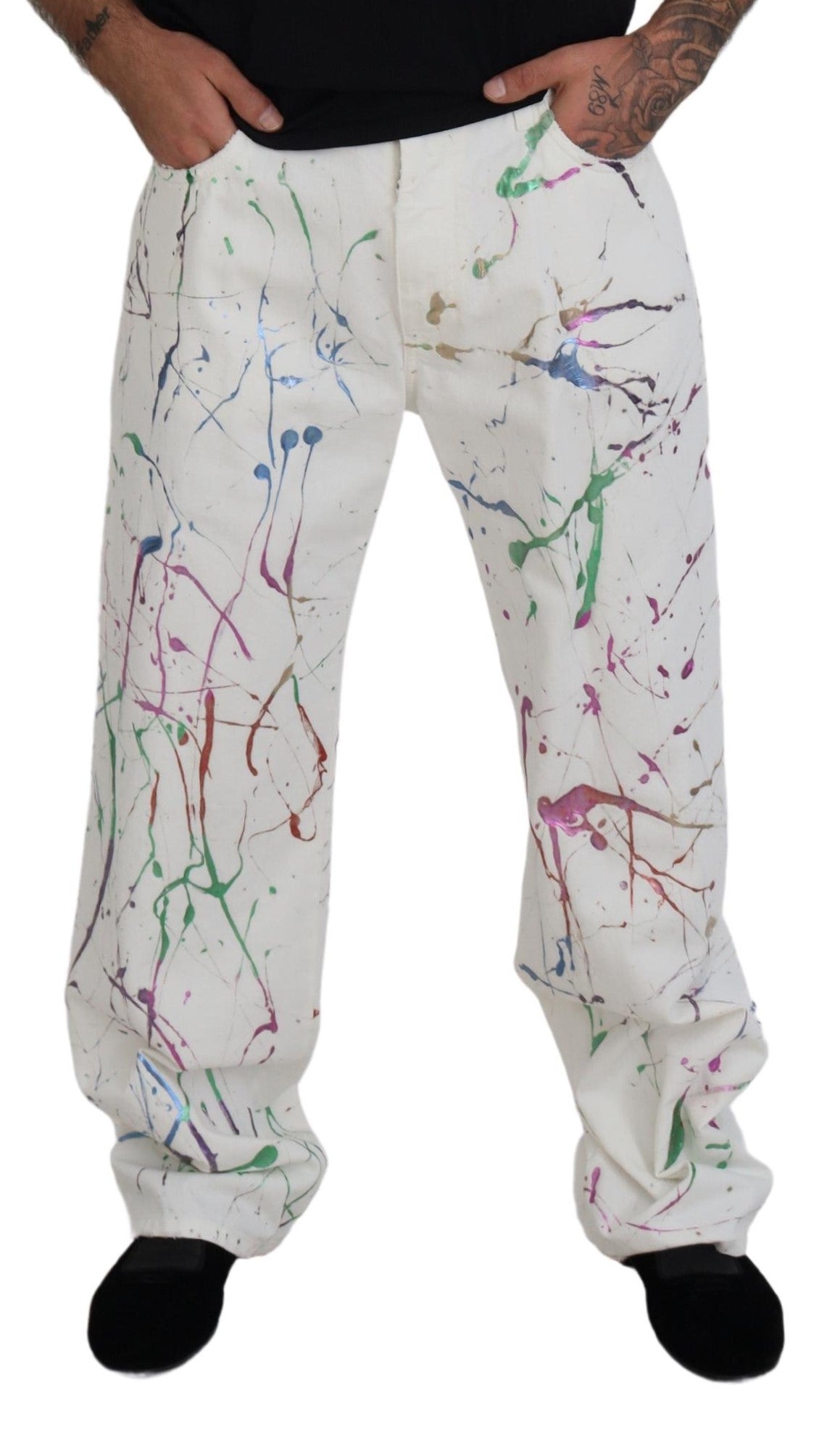 White Cotton Color Splash Print Denim Pants