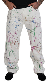 Thumbnail for White Cotton Color Splash Print Denim Pants