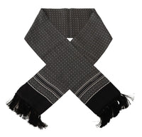 Thumbnail for Black White 100% Silk Geometric Shawl Fringe Scarf