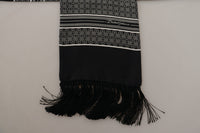 Thumbnail for Black White 100% Silk Geometric Shawl Fringe Scarf