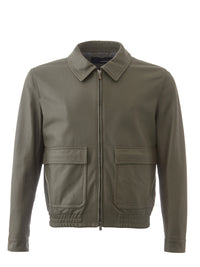 Thumbnail for Elegant Green Leather Jacket with Maxi Pockets