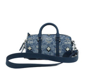 Thumbnail for Boston Mini Blue Vintage Jacquard Logo Fabric Satchel Crossbody Handbag