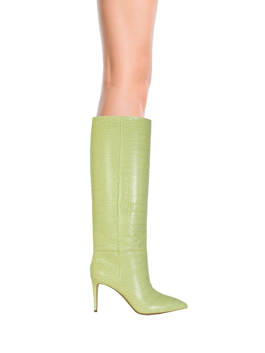 Elegant Lime Croco Leather High Stiletto Boots