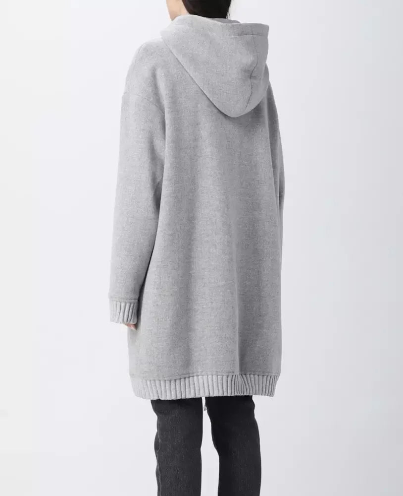 Elegant Grey Wool Hooded Coat