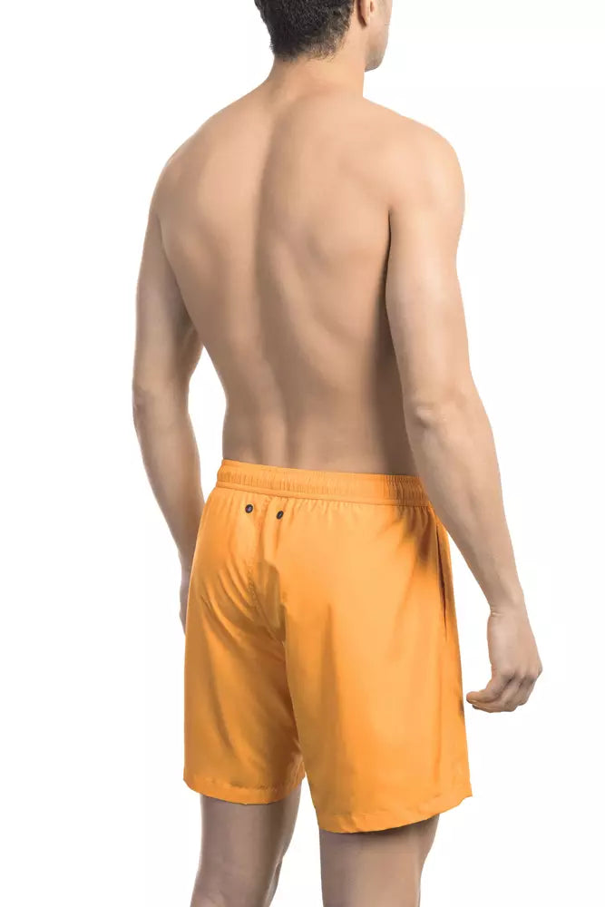 Electric Orange Swim Shorts with Iconic Print