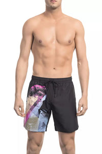 Thumbnail for Sleek Black Side Print Swim Shorts