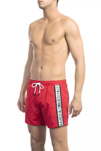 Thumbnail for Sleek Red Tape-Trim Swim Shorts