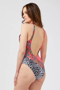 Thumbnail for Fuchsia Patterned Swimsuit with Chic Neckline