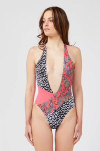 Thumbnail for Fuchsia Patterned Swimsuit with Chic Neckline