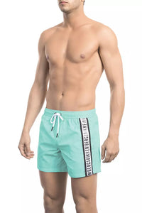 Thumbnail for Chic Light Blue Tape-Trim Swim Shorts