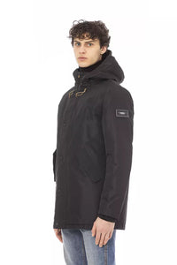 Thumbnail for Sleek Black Long Jacket with Monogram Detail