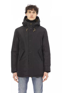 Thumbnail for Sleek Black Long Jacket with Monogram Detail