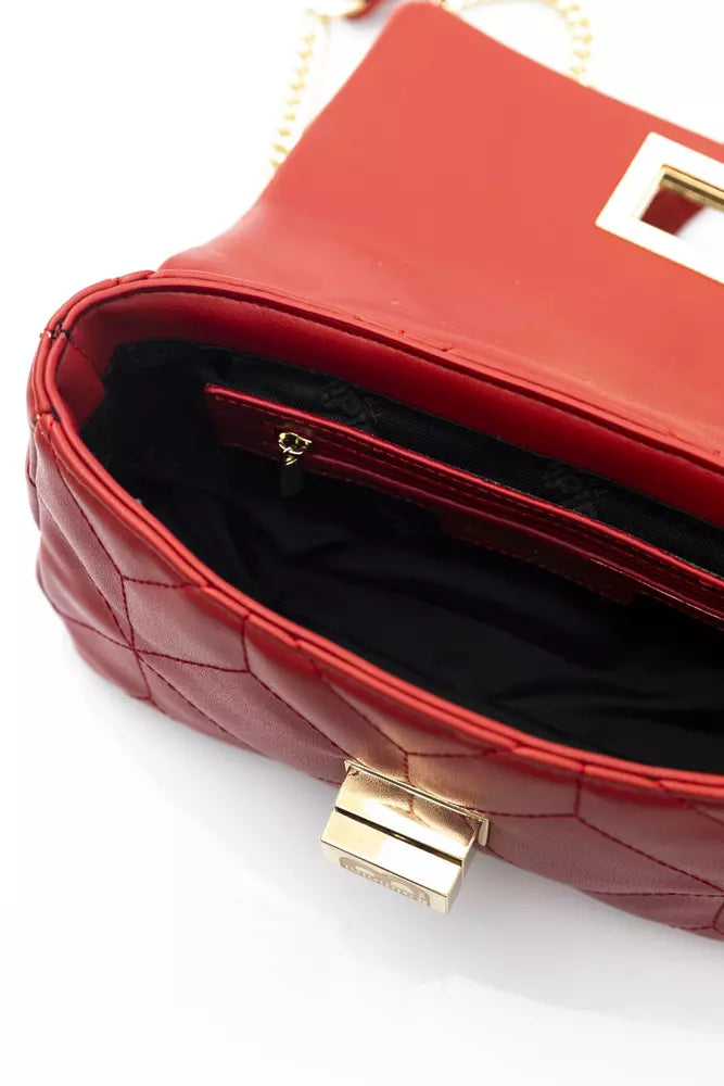 Chic Red Leather Shoulder Flap Bag with Golden Accents