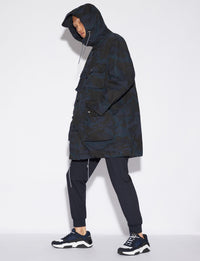 Thumbnail for Camouflage Hooded Trench Coat in Dark Blue