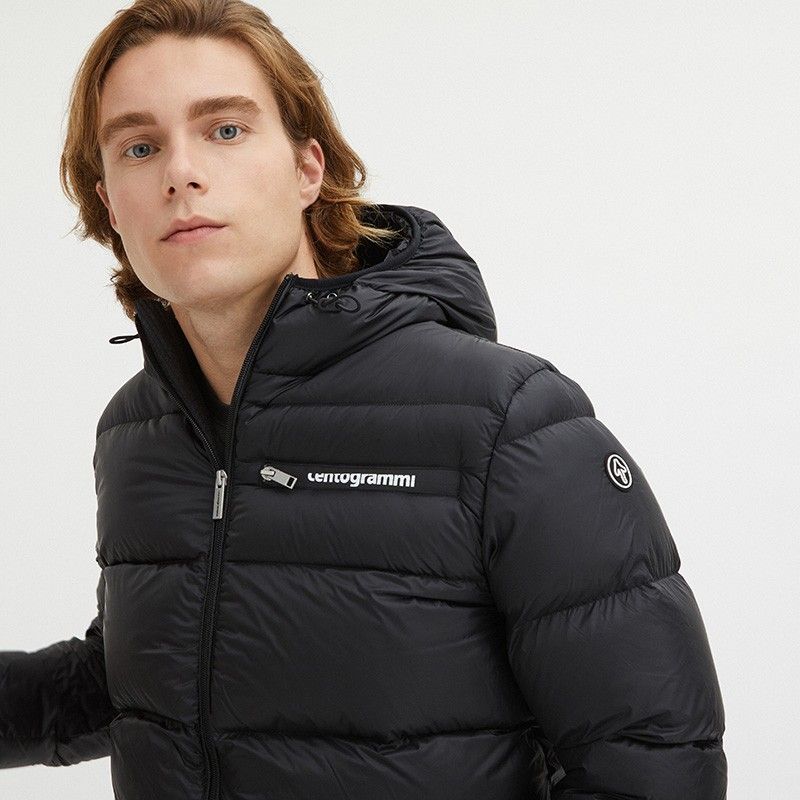 Sleek Black Goose Down Hooded Jacket