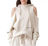 Thumbnail for Chic Off-Shoulder Beige Sweatshirt with Hood