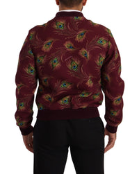 Thumbnail for Radiant Red Peacock Print Bomber Jacket