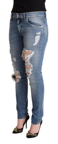 Thumbnail for Blue Distressed Cotton Denim Skinny Jeans
