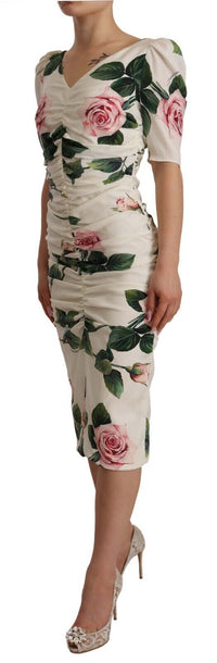 Thumbnail for White Roses Print Stretch Silk Pleated Dress