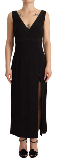Thumbnail for Black Silk Stretch Side Slit Sheath Midi Dress