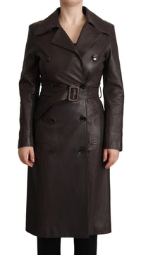 Thumbnail for Dark Brown Leather Long Sleeves Belted Jacket