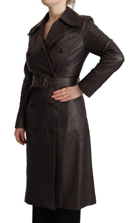 Thumbnail for Dark Brown Leather Long Sleeves Belted Jacket