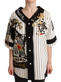 Thumbnail for Elegant Striped V-Neck Blouse with Charms