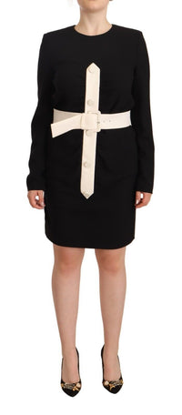 Thumbnail for Black Wool Long Sleeves Belted Mini Sheath Dress