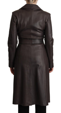 Thumbnail for Dark Brown Leather Long Sleeves Belted Jacket