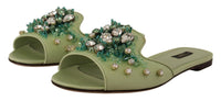 Thumbnail for Elegant Crystal-Embellished Green Leather Slides