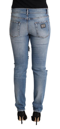 Thumbnail for Blue Distressed Cotton Denim Skinny Jeans