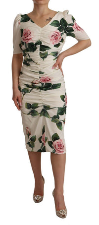Thumbnail for White Roses Print Stretch Silk Pleated Dress