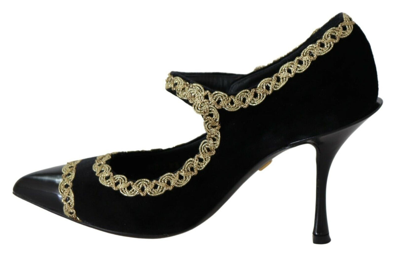 Elegant Gold-Embroidered Black Velvet Pumps