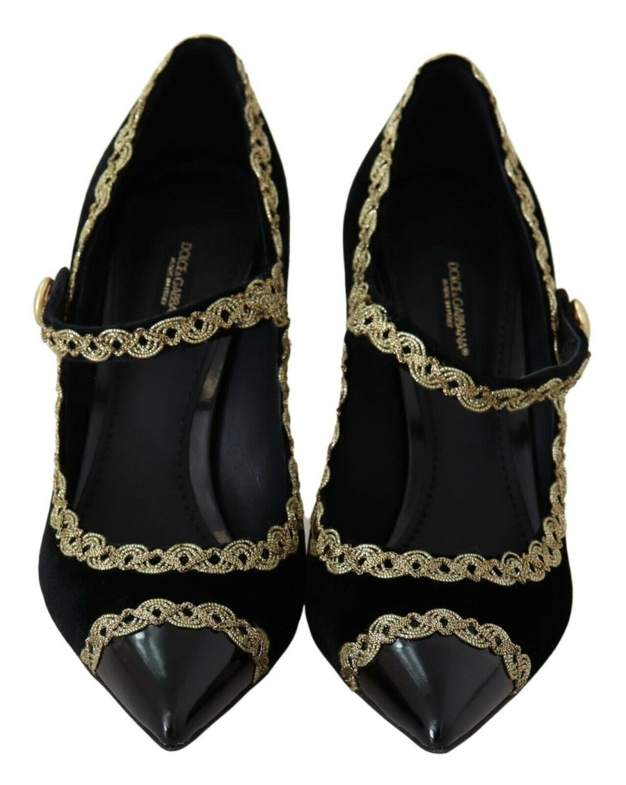 Elegant Gold-Embroidered Black Velvet Pumps