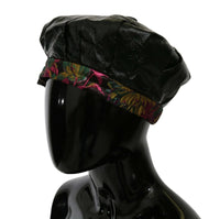 Thumbnail for Black Lamb Leather Floral Print Beret Hat