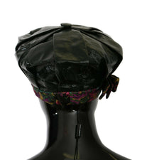 Thumbnail for Black Lamb Leather Floral Print Beret Hat