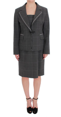 Thumbnail for Gray Checkered Cotton Blazer Dress Set Suit