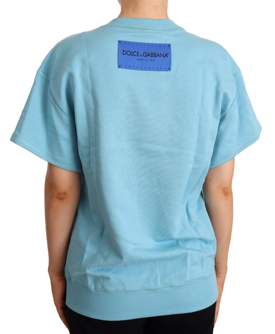 Blue Cotton Short Sleeves Crew Neck Top