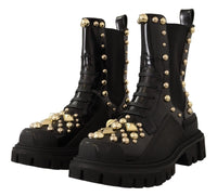 Thumbnail for Studded Leather Combat Boots with Embroidery