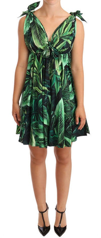Thumbnail for Green Leaves Print Cotton Flared Mini Dress