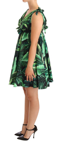 Thumbnail for Green Leaves Print Cotton Flared Mini Dress