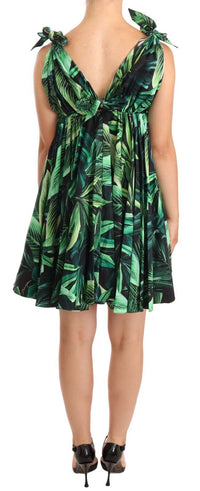 Thumbnail for Green Leaves Print Cotton Flared Mini Dress