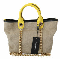 Thumbnail for Beige Linen-Calf Tote with Gold Chain